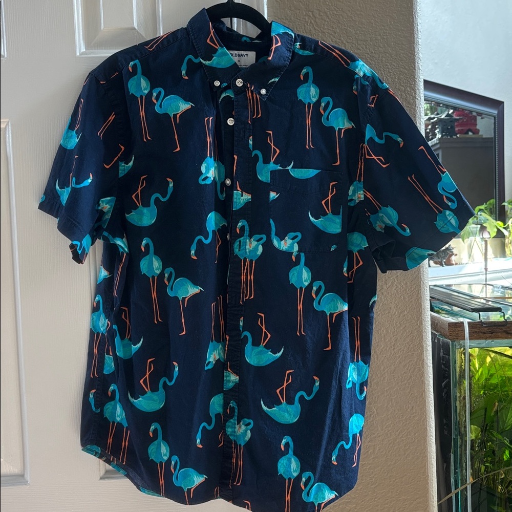 Old Navy Dark Blue Flamingo Print Shirt - Picture 5 of 5
